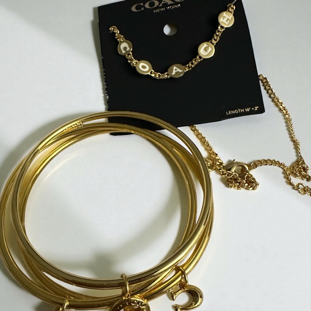 Bundle of Coach Set of 3 Gold Charm Bangle Bracelets & Necklace NEW
